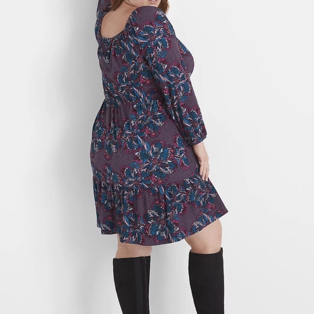LANE BRYANT WOMEN'S PURPLE
FLORAL SQUARE NECK TIERED FIT &
FLARE DRESS Sz 18/20
